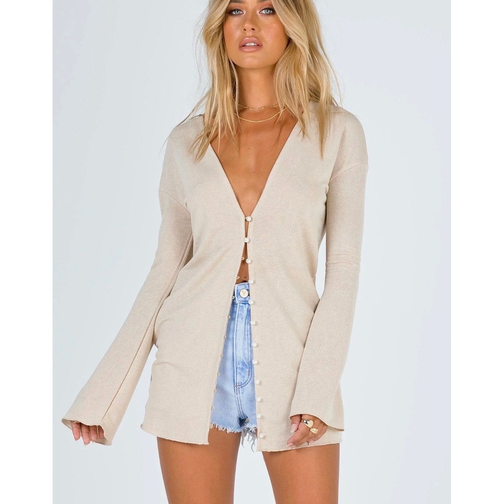 Princess Polly Beige Pearl Button V-Neck Bell Sleeve Cardigan Top US 4 NEW